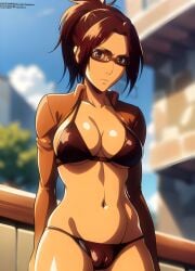 ai_generated attack_on_titan black_bra black_panties breasts brown_hair clothed glasses hanji_zoe partially_clothed shingeki_no_kyojin solo solo_female