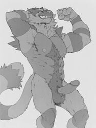 1boy abs anthro anthrofied armpits balls ballsack bara body_fur body_hair erection feline flexing foreskin foreskin_folds forge_(artist) furry furry_balls grey_fur humanoid_penis incineroar inner_foreskin intact looking_at_viewer male male_nipples male_only male_pubic_hair mammal masculine mature_male monochrome muscles muscular_male nintendo nude_male penis pokemon pokemon_sm pubes raised_arm retracted_foreskin scrotum sharp_teeth smile smirk smooth_penis solo tail tail_tuft teeth testicles uncut video_games