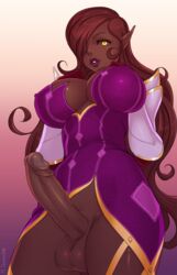 1futa balls big_breasts big_penis breasts cleavage dark-skinned_futanari dark_skin elf erection futa_only futanari hair_over_eye intersex large_breasts long_hair looking_at_viewer mstivoy penis pointy_ears red_hair solo solo_futa testicles vanmoriel_(zero_one) yellow_eyes