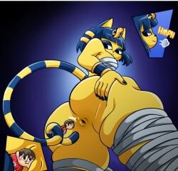 animal_crossing ankha ankha_(animal_crossing) anthro anus ass big_butt blue_hair blush clothing domestic_cat felid feline felis female fingers hair holding_butt human human_on_anthro interspecies male male/female mammal micro nintendo shirt size_difference smaller_male spread_butt spreading thiccncute topwear yellow_body