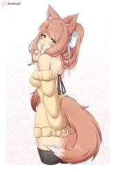 bare_legs bare_shoulders bare_thighs brown_hair doki_doki_literature_club fox_ears fox_girl fox_tail furry_ears furry_tail green_eyes hair_between_eyes hair_ribbon long_hair medium_breasts monika_(doki_doki_literature_club) raionart sideboob teenager thighhighs tied_hair