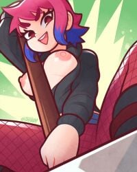 1girls breasts female hammer holding_object partially_clothed pink_hair purple_hair ramona_flowers red_eyes scott_pilgrim short_hair solo solo_female tsuvida two_tone_hair weapon