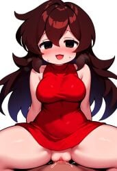 ai_generated black_eyes brown_hair cowgirl_position fnf_girlfriend_x_random_humans friday_night_funkin girlfriend_(friday_night_funkin) long_hair male_pov nai_diffusion pov red_dress sex sleeveless_dress smile straight vaginal_penetration