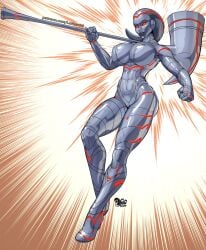 1girls 1robot_girl dc dc_comics hammer large_breasts lurkergg metallic_body natasha_irons red_eyes robot_girl robot_humanoid simple_background steel_(dc) weapon_over_shoulder