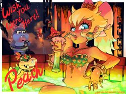 bare_arms bare_legs bare_midriff bare_shoulders bare_thighs belly_button bikini bikini_bottom bikini_top blonde_hair blue_eyes blush blush_lines bow bowser_jr. breasts chain_necklace chains cleavage crown drink drinking drinking_glass drinking_straw earrings gold_(metal) gold_bracelets gold_chain gold_crown gold_jewelry gold_rings golden_bracelets golden_chain golden_crown golden_rings hairbow hot_tub hottub jacuzzi jewellery larva lipstick long_hair lukevalentineart mario mario_(series) midriff nail_polish nails navel orange_nails pink_bow ponytail pool_ring postcard princess_peach red_lipstick rings rubber_duck shell_bikini shell_bra snot snot_drip snot_trail super_mario_bros. super_smash_bros. super_smash_bros._ultimate sweat sweatdrop sweating sweaty_body tan_skin wendy_o._koopa