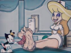 2girls animaniacs big_feet blonde_hair dot_warner female_only hello_nurse interspecies only_female pepecoco size_difference tickling_feet torture