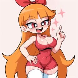 1girls ai_generated big_bow big_breasts blossom_(powerpuff_girls) blush bow breasts cats62 cleavage cleavage_cutout dress female_only hair_bow heart huge_breasts large_breasts light-skinned_female light_skin long_hair looking_at_viewer minidress open_mouth open_smile orange_hair powerpuff_girls red_dress red_eyes short_dress simple_background skindentation smile smiling_at_viewer solo solo_female standing stockings teeth thighhighs tongue upper_teeth upper_teeth_only white_thighhighs