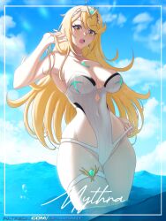 breasts core_crystal female female_only looking_at_viewer mythra mythra_(radiant_beach)_(xenoblade) nintendo opalisart open_mouth solo swimsuit xenoblade_(series) xenoblade_chronicles_2