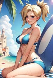 1girls ai_generated bare_shoulders barefoot beach between_legs bikini blonde_hair blue_bikini blue_eyes blue_sky blush breasts cleavage cloud day front-tie_top lips looking_at_viewer medium_breasts mercy navel ocean outdoors overwatch overwatch_2 palm_tree parted_lips philon ponytail sand sand_castle sand_sculpture short_ponytail sitting sky smile solo stable_diffusion starfish surfboard swimsuit thighs tree underboob wariza water wet