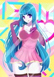 1girls against_glass blue_hair breast_press breasts_on_glass dress elbow_gloves female glass jianaiko long_hair looking_at_viewer me!me!me! meme_(me!me!me!) panties pink_dress purple_eyes smile solo striped striped_panties thighhighs tongue tongue_out very_long_hair