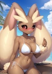 1girls ai_generated anthro anthro_only basketmuffin big_breasts bikini breasts female female_only furry furry_only looking_at_viewer lopunny navel nintendo nipple_bulge pokémon_(species) pokemon pokemon_(species) red_eyes solo solo_female swimwear