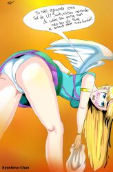 1girls angel angel_wings ass ass_focus big_ass big_butt blonde_hair blue_eyes brazil cute dobutsu_no_kurasu dragon_ball dragon_ball_super female flying funny legs long_hair manga orange_background original_character panties portuguese_text pussy sky star strange sun teenager white_panties white_skin