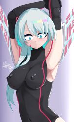 1girls areolae armpits arms_up breasts capcom clothed female female_only ico_(mega_man) large_breasts long_hair mega_man mega_man_x_dive nanaryuoo robot_joints solo surprised white_hair