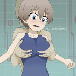 1boy 1girls alternate_version_available big_breasts blue_eyes blue_swimsuit breast_grab breasts female female_focus first_breathe huge_breasts light-skinned_female light_skin short_hair silver_hair swimsuit uzaki-chan_wa_asobitai! uzaki_hana voluptuous voluptuous_female