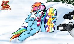 2016 blue_feathers blue_fur camera clitoris clothed clothing cutie_mark equine feathered_wings feathers female feral friendship_is_magic fur grin hair jetwave looking_at_viewer lying mammal multicolored_hair multicolored_tail my_little_pony on_back outside pegasus pussy rainbow_dash_(mlp) rainbow_hair rainbow_tail scarf snow snowboard solo tree wings winter