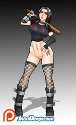 barefoot baseball_bat breasts brown_hair feet female female_only green_eyes highres jago_dibuja jo-beth_casey large_breasts navel nipples panties pussy shoes short_hair skirt solo stockings thighhighs timesplitters toes topless underwear weapon