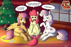 2016 anus apple_bloom_(mlp) ass christmas christmas_tree cutie_mark cutie_mark_crusaders english_text equine feathered_wings feathers female feral friendship_is_magic fur group hair holidays horn horse inside looking_at_viewer lying mammal multicolored_hair my_little_pony orange_feathers orange_fur pegasus presenting purple_hair pussy red_hair scootaloo_(mlp) snow sweetie_belle_(mlp) text tree unicorn whatsapokemon white_fur window wings winter yellow_fur