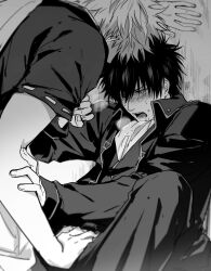 2boys against_wall blush breath crotch_grab feiqiuxuan fully_clothed gay gintama gintoki_sakata groping groping_crotch groping_through_clothes heavy_breathing hijikata_toshiro looking_pleasured male male_only monochrome open_mouth police_officer police_uniform shinsengumi_(gintama) spread_legs sweat yaoi