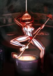 areolae blisstonic blonde_hair breasts cooking female let_it_die mask mushroom mushroom_magistrate nipples panties_aside pole pole_dancing soup spread_eagle tattoos thong