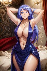 ai_generated areolae_visible_through_clothing armpits arms_up blue_dress blue_eyes blue_hair boku_no_hero_academia halter_dress halterneck huge_breasts large_breasts looking_at_viewer my_hero_academia nejire_hado shiromi_ai shounen_jump skimpy_clothes skimpy_dress sweat sweatdrop voluptuous voluptuous_female