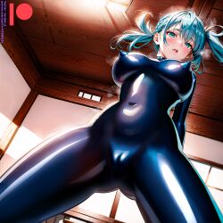 ai_generated bodysuit breasts female kuriboh_ex_(artist) latex latex_suit oppai rubber rubber_suit turquoise_eyes turquoise_hair