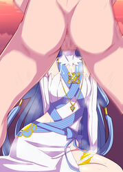 azura_(fire_emblem) blue_hair breasts cum cum_on_upper_body dress fellatio fire_emblem fire_emblem_fates long_hair looking_at_viewer necklace small_breasts umayahara0130 veil yellow_eyes