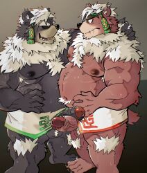 2boys ainu_clothes animal_ears bara bear_boy bear_ears belly black_sclera brown_fur chest_hair chest_tuft colored_sclera dark_persona eye_contact facepaint fat fat_man from_side furry furry_male furry_with_furry gay girthy_penis green_eyes headband highres huge_eyebrows kimun_kamui_(tokyo_afterschool_summoners) looking_at_another male male_focus male_only multiple_boys muscular muscular_male penis penises_touching precum precum_drip profile scar scar_on_face scar_on_mouth selfcest tokyo_afterschool_summoners white_hair yaoi yazoe