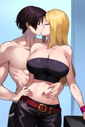 1boy 1girls ai_generated big_breasts bonne_jenet busty closed_eyes fatal_fury garou:_mark_of_the_wolves half_naked half_nude hugging jeans jennie_behrn king_of_fighters kissing kyo_kusanagi large_breasts legs midriff navel pants thighs