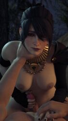 1boy 1girls 3d black_hair bluelight breasts choking dragon_age dragon_age_inquisition female female_on_top hand_on_chest handjob looking_at_viewer male morrigan_(dragon_age) nude penis pov straight