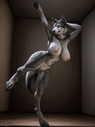 2024 ai_generated animated animated anthro breasts canid canine dancing digitigrade eldragon0 female furry mammal navel nipples nude pussy solo tagme tail wolf