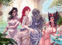 4girls ass astisemie butt_grab female female_only transparent_clothing wet_clothes yuri