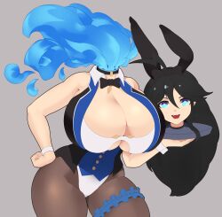 1girls 2024 black_hair blue_eyes blue_flame bunny_ears bunnysuit chloe_(doemoo) collar dullahan female female_only grey_background hand_on_hip huge_breasts inner_sideboob long_hair looking_at_viewer neck_ribbon pantyhose pockyland smiling smiling_at_viewer solo thick_thighs tray tuft very_high_resolution wrist_cuffs