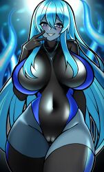 1girls big_breasts blue_eyes blue_hair breasts dark-skinned_female dark_samus dark_skin female female_only grinding iriomote_umineko looking_at_viewer metroid nintendo solo thick_thighs thighs wide_hips zero_suit_dark_samus