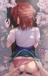 1boy 1girls ass brown_hair censored clothed_sex clothes_lift clothing clothing_aside commentary_request female from_behind green_skirt hair_bun highres love_live! love_live!_nijigasaki_high_school_idol_club medium_hair mosaic_censoring outdoors panties panties_aside penetration pink_panties pov puffy_short_sleeves puffy_sleeves red_hair sex sex_from_behind shirt short_sleeves single_hair_bun skirt skirt_lift spread_legs standing standing_sex straight toyasu_aina uehara_ayumu underwear vaginal_penetration white_shirt wide_hips