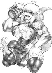 alcohol anthro areola beer beverage big_breasts big_penis biped blush breasts clothing cock_sock dragon erection footwear genitals graphite_(artwork) greyscale gynomorph intersex kneeling looking_at_viewer marudi monochrome mug muscular muscular_anthro muscular_gynomorph muscular_intersex mythological_creature mythological_scalie mythology nipples pencil_(artwork) penis penis_clothing scalie simple_background socks solo tongue tongue_out traditional_media_(artwork) white_background