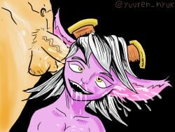 1boy 1boy1girl 1girls ahe_gao big_ears black_background brain_fuck ear_fuck ear_penetration female league_of_legends male mindfuck purple_skin semen semen_on_body straight tristana video_games white_hair white_skin yellow_eyes yordle yordle_on_human yuuren_nyuk