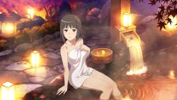 almost_naked bare_shoulders bath big_breasts black_hair hot_spring official_art short_hair takitsubo_rikou thighs to_aru_majutsu_no_index towel towel_only