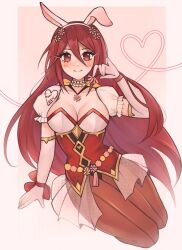 1girls alternate_costume alternate_version_available breasts bunny_ears bunny_girl bunnysuit cleavage cordelia_(fire_emblem) cordelia_(spring)_(fire_emblem) female female_only fire_emblem fire_emblem_awakening fire_emblem_heroes flower gloves hair_between_eyes kneeling large_breasts leotard long_hair looking_at_viewer more_at_source nintendo official_alternate_costume pantyhose purrlucii red_eyes red_hair see-through smile solo very_long_hair