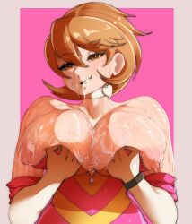 1girls atlus big_areola big_breasts big_nipples breasts brown_eyes brown_hair choker cum cum_on_body cum_on_breasts cum_on_face cupping_breasts erect_nipples holding_breast looking_at_viewer musk musky no_bra okaimikey outfit persona persona_3 presenting presenting_breasts smile smiling smiling_at_viewer smug sweat sweatdrop sweaty sweaty_body sweaty_breasts topless yukari_takeba