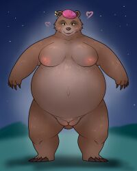 1girls 2024 anthro areola beanie bear belly big_areola big_belly big_nipples biped black_claws black_eyes blush breasts breasts_apart brown_body brown_breasts brown_ears brown_fur brown_nose brown_pubes cheek_tuft claws clothing digital_drawing_(artwork) digital_media_(artwork) dreamworks ear_piercing ear_ring eyelashes facial_tuft fairy_tales female finger_claws front_view full-length_portrait fur fur_tuft genitals goldilocks_and_the_three_bears green_sclera hat headgear headwear heart_symbol hearts_around_head huge_belly literature looking_at_viewer mama_bear mama_bear_(puss_in_boots) mammal mature_anthro mature_female mostly_nude mostly_nude_anthro mostly_nude_female navel night nipples open_mouth open_smile outie_navel outline outside overweight overweight_anthro overweight_female piercing pink_areola pink_beanie pink_clothing pink_hat pink_headwear pink_heart pink_nipples portrait pubes public_domain puss_in_boots_(dreamworks) puss_in_boots_(film) puss_in_boots_the_last_wish pussy ring_piercing shadow shrek_(series) sky smile smiling_at_viewer snout solo standing star starry_sky thick_neck thick_thighs toe_claws tuft white_outline 翌檜＠絶望間近
