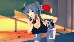 1girls backpack bad_twitter_id bag bent_over black_gloves blue_eyes blue_hair breasts cowboy_shot cumbrahop gloves highres huge_breasts indoors kawashiro_nitori koikatsu_(medium) looking_at_viewer nitori_kawashiro short_hair solo standing tank_top touhou two_side_up v-shaped_eyebrows