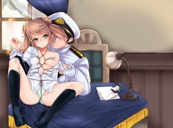 1boy admiral_(kantai_collection) arm_grab arm_warmers bed_sheet black_legwear blonde_hair blush bondage bound breast_bondage breasts crotch_rope desk double_bun faceless faceless_male female gloves green_eyes green_panties kantai_collection kneehighs lamp michishio_(kantai_collection) military military_uniform navel nipples nishimura_nike no_pants on_desk one_breast_out open_clothes open_shirt panties rope shibari_over_clothes shirt sitting sitting_on_desk skirt tied_hair twintails underwear uniform white_gloves wrist_grab