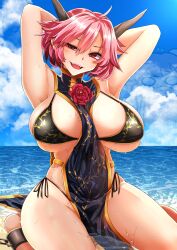 armpits bare_arms bare_legs bare_shoulders bikini black_bikini black_tabard blue_sky breasts chibi chibi_inset cloud cuffs day female flower hair_between_eyes highres horns ibaraki_douji's_arm ibaraki_kasen kasen_ibaraki large_breasts looking_at_viewer mature_female outdoors pink_hair red_eyes red_flower red_rose rihito_(usazukin) rose shackles sharp_teeth short_hair side-tie_bikini_bottom sitting sky smile solo summer swimsuit tabard teeth touhou uneven_eyes wet