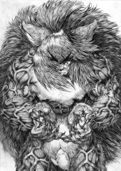 anthro biped felid feline flaccid fur genitals graphite_(artwork) hair looking_at_viewer male mammal marudi muscular muscular_anthro muscular_male pencil_(artwork) penis simple_background solo traditional_media_(artwork) white_background