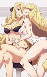 2girls aether_foundation bikini blonde blonde_hair breasts breasts_pressed_together breasts_rest breasts_squish breasts_to_breasts champion cleavage couple cynthia_(pokemon) dmy-gfx female female_only green_eyes hugging human human_only large_breasts long_hair looking_at_viewer lusamine_(pokemon) milf mother multiple_females multiple_girls mutual_yuri nintendo pokemon pokemon_champion pokemon_dppt pokemon_sm scott_bennett shiny_skin small_breasts stomach_grab stool swimsuit vivivoovoo yuri