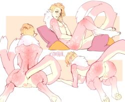 all_fours animal_humanoid anthro ass back_mane back_markings backsack balls balls_blush blush body_blush butt_blush digitigrade fur genitals girly hair humanoid humanoid_face humanoid_pointy_ears hybrid kneeling long_tail lying male mammal markings on_back orange_hair paws penis pillow pink_body pink_fur rear_view short_hair side_view simple_background smooshkin solo solo_focus tail tan_body tan_fur