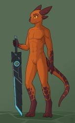 2024 3_toes 5_fingers abs amber_eyes animal_genitalia anthro arm_markings bent_arm brown_body brown_markings brown_scales digital_media_(artwork) digitigrade featureless_chest feet fingers full-length_portrait genital_slit genitals green_background hi_res holding_object holding_sword holding_weapon jagged_mouth kobold leg_markings male markings melee_weapon multicolored_body multicolored_scales nude orange_body orange_scales portrait pupils scales scalie shaded simple_background slit_pupils solo standing sword tail tail_markings tapering_tail three-quarter_view thribocarbon toes two_tone_body two_tone_scales weapon