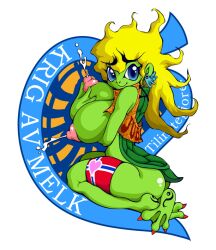 anthro areola big_breasts biped bodily_fluids breasts female hair huge_breasts jpg kneeling lactating looking_at_viewer marudi milk nipples non-mammal_breasts norwegian_flag norwegian_text projectile_lactation reptile scalie smile solo text translated turtle