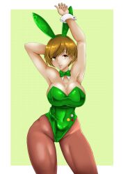 1girl 1girls 2024 2d 2d_(artwork) absurd_res absurdres arm_behind_head armpit armpits arms_up bare_shoulders belly_button_visible_through_clothing big_breasts bob_cut bowtie breasts brown_eyes brown_hair bunny_ears bunny_girl bunnygirl bunnysuit cleavage clothed clothed_female clothing covered_breasts detached_collar detached_cuffs digital_drawing_(artwork) digital_media_(artwork) female female_focus female_only green_background green_bowtie green_leotard hi_res high_resolution highres hinton_blitz huge_breasts large_breasts leggings legwear leotard looking_at_viewer megami_tensei navel_visible_through_clothes persona persona_4 pose posing posing_for_the_viewer raised_arm satonaka_chie shaved_armpit short_hair slim_waist solo solo_female solo_focus strapless strapless_leotard white_border white_collar white_cuffs wide_hips