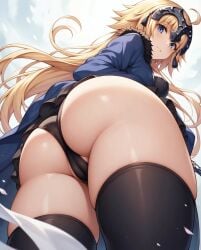 ai_generated ass ass_focus back_view backboob bare_thighs big_ass big_breasts big_butt blonde_hair blue_eyes blush fat_ass fate/apocrypha fate/grand_order fate_(series) g-cup gigantic_ass huge_breasts huge_thighs jeanne_d'arc_(fate) light-skinned_female light_skin long_hair looking_back massive_ass massive_breasts ponytail pussy_visible_through_panties solo_female stockings thick_thighs thighs upskirt very_long_hair voluptuous voluptuous_female